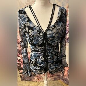 Venus - Floral Mesh Ruched w/ Strap Neckline Top. Size L